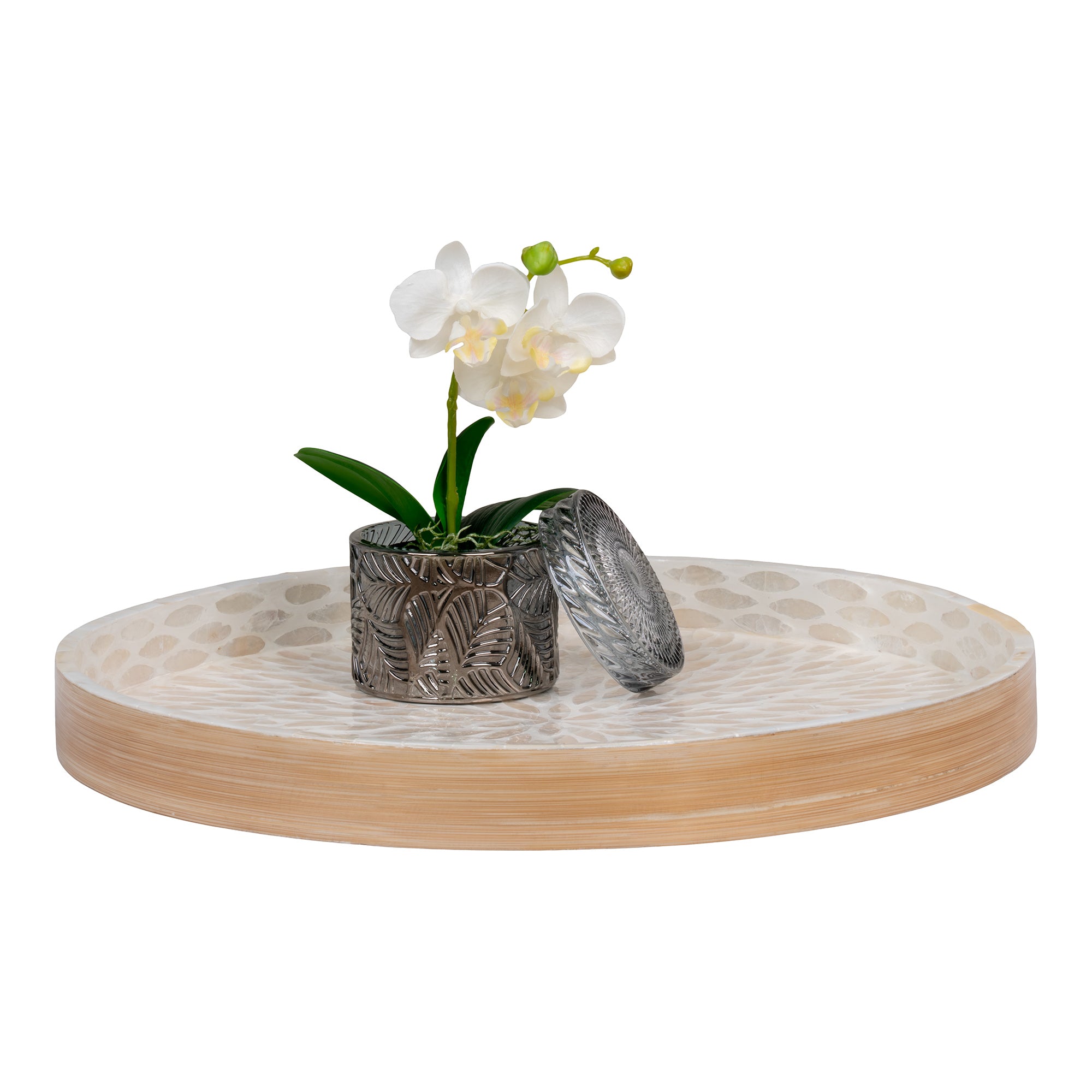 Plateau rond en bambou et nacre beige