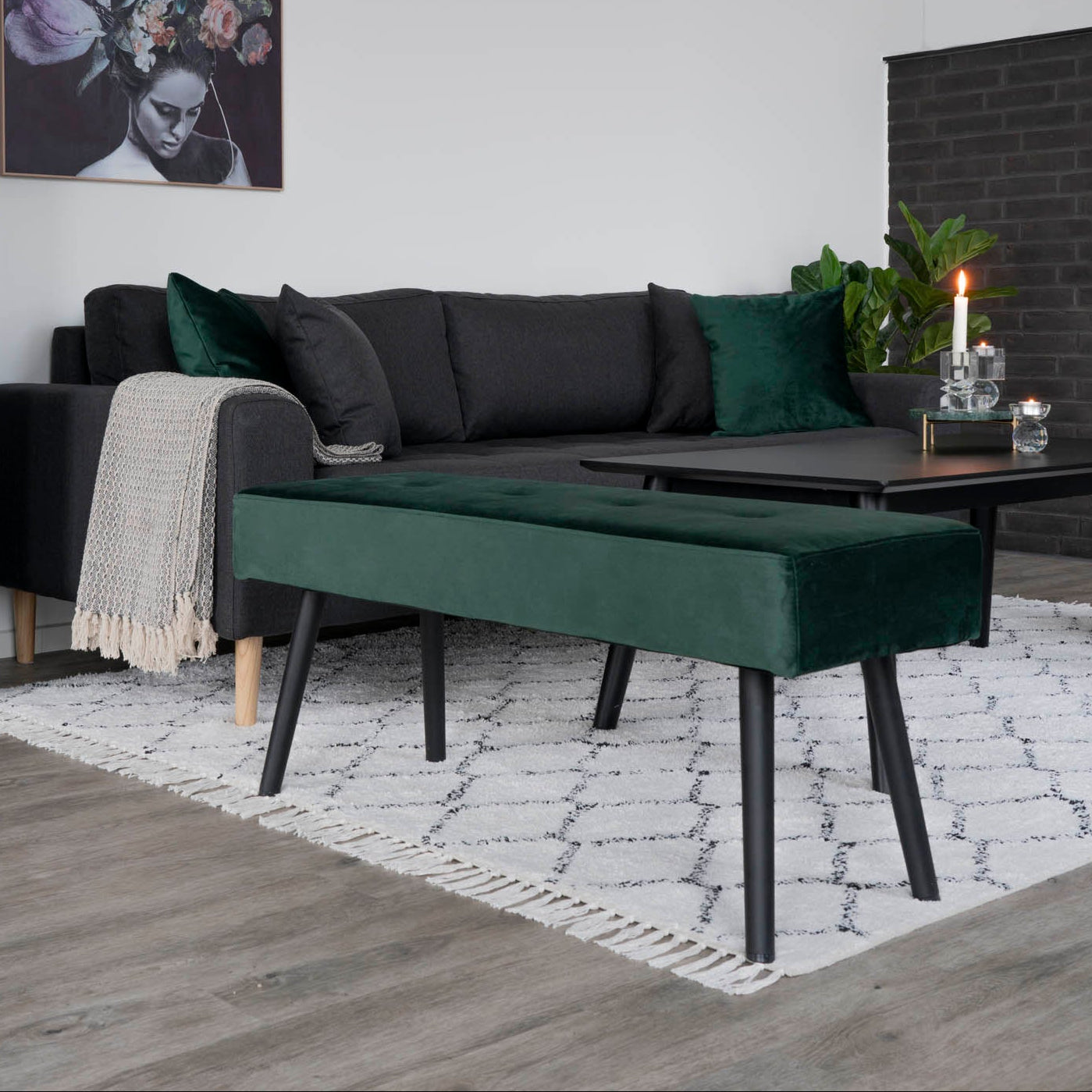Banc Skiby velours vert foncé