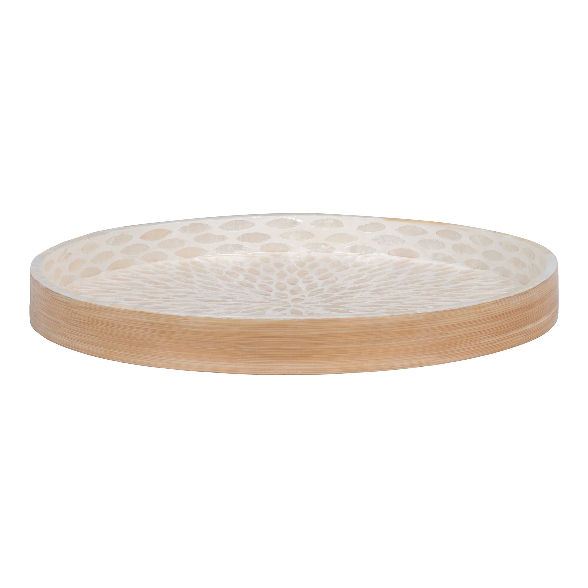 Plateau rond en bambou et nacre beige